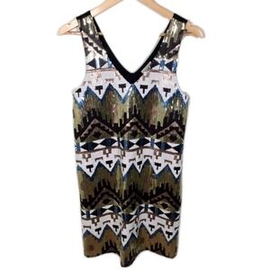 Everly Anthropologie Womens Sequin Shift Dress Size Medium Aztec Modern Art Deco